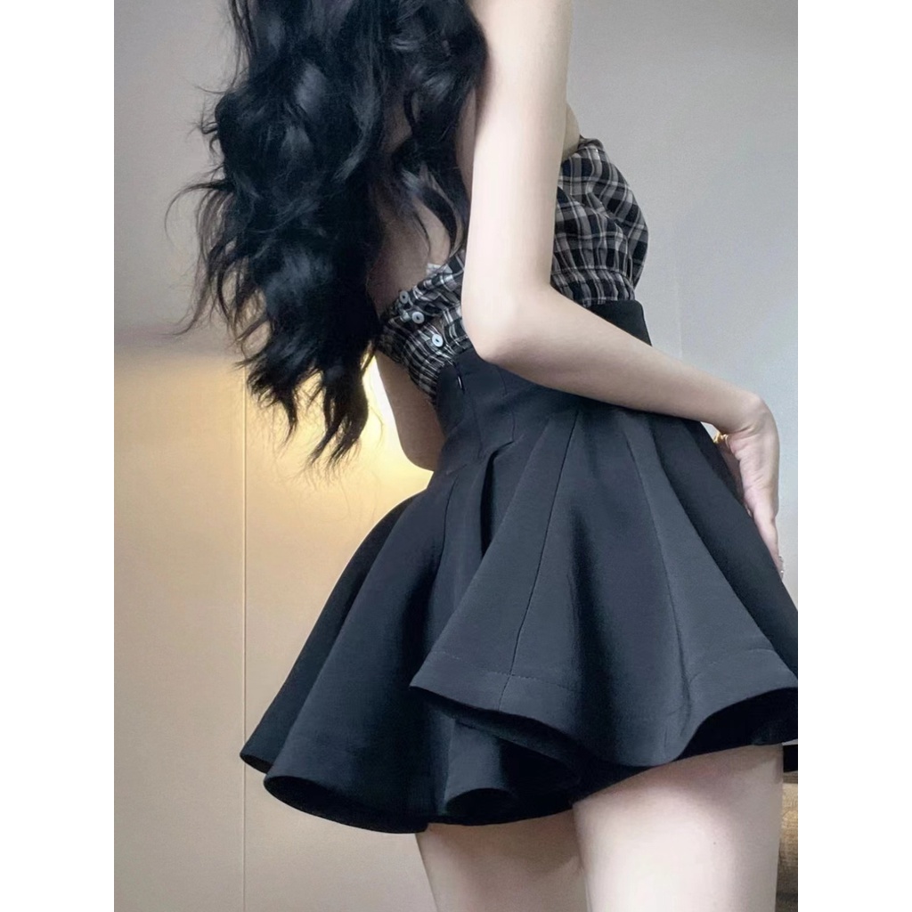 [Miniskirt] Chân Váy Đen Dáng Chữ a Lưng Cao Xếp Ly Chống Chói Cỡ Lớn Thời Trang Mùa Xuân Cho Nữ