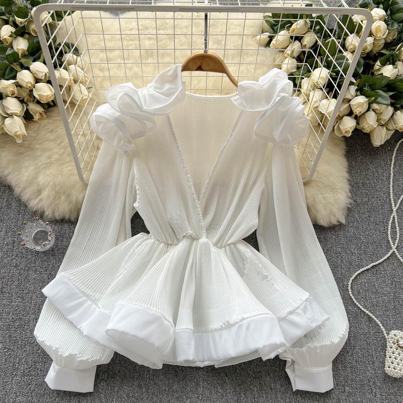 Áo Sơ Mi Cổ Chữ V Xếp Ly Ba Chiều Phong Cách Âu Mỹ Thời Trang Xuân Thu Cho Nữ