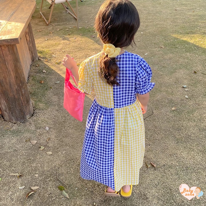 Đầm Công Chúa Tay Ngắn Phồng Cổ Chữ V In Họa Tiết Caro Thời Trang Mùa Hè Hàn Quốc Cho Bé Gái