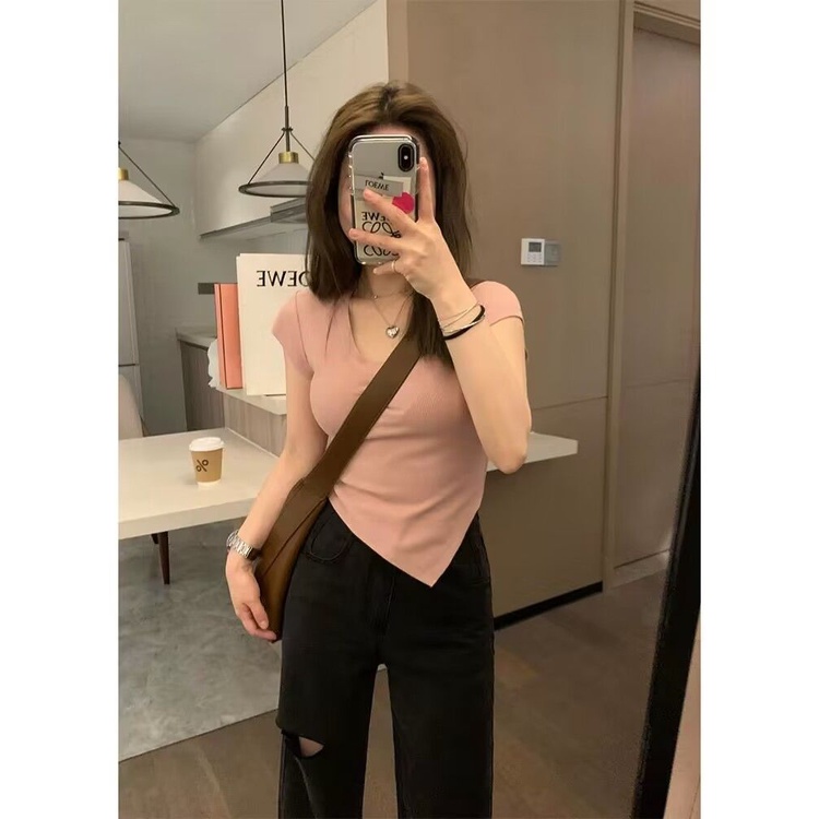 Áo Thun Cotton Tay Ngắn Cổ Chữ U Lệch Tà Thời Trang Mùa Hè Cho Nữ