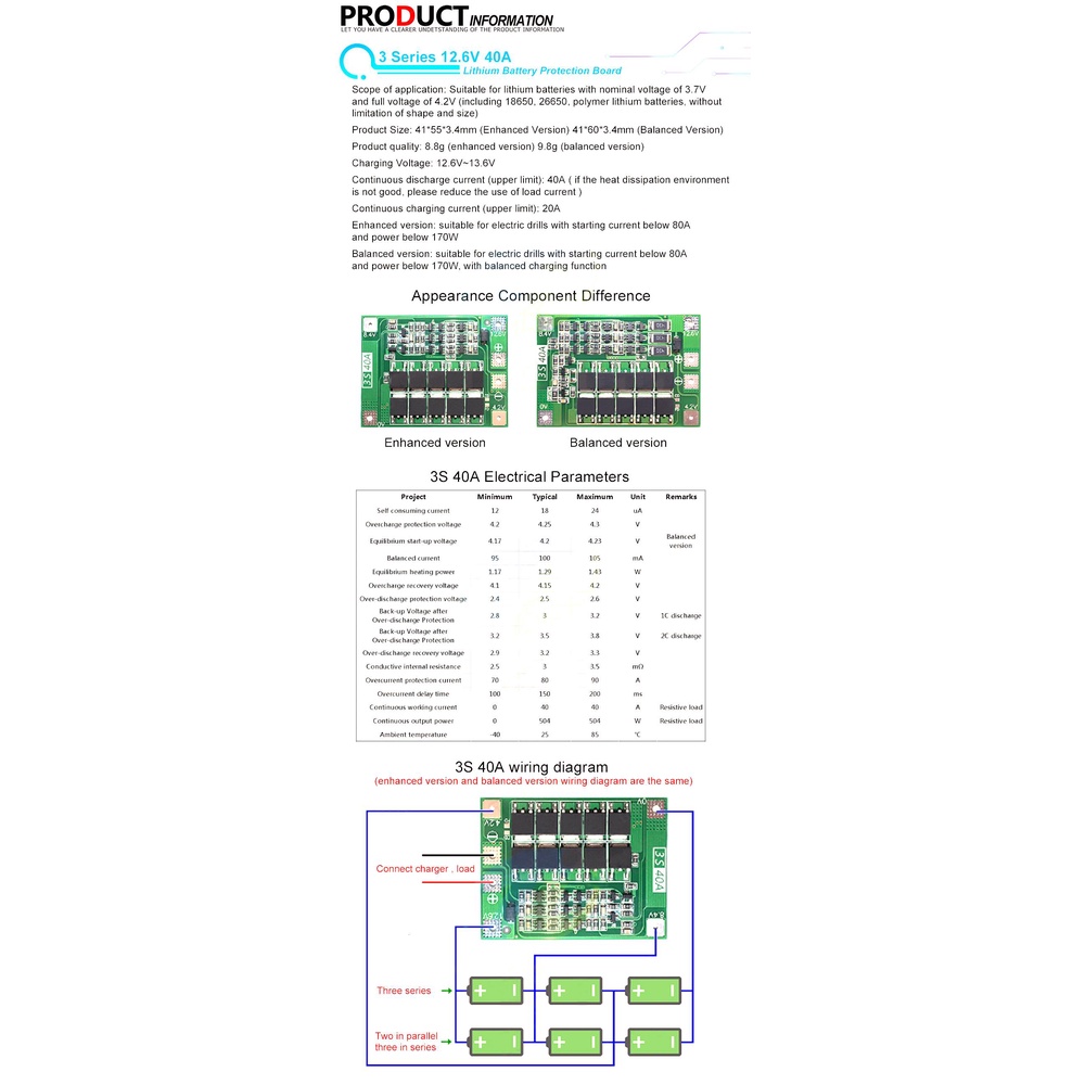 Bảng Mạch Bảo Vệ Bộ Sạc Pin Lithium 3S / 4S 40A 60A Li-ion 18650 BMS Cho Động Cơ Khoan 11.1V 12.6V / 14.8V 16.8V