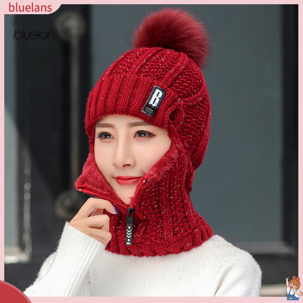 Mũ Len Dệt Kim Dày Dặn Giữ Ấm Màu Trơn Phối Quả Bông Có Khóa Kéo Thời Trang