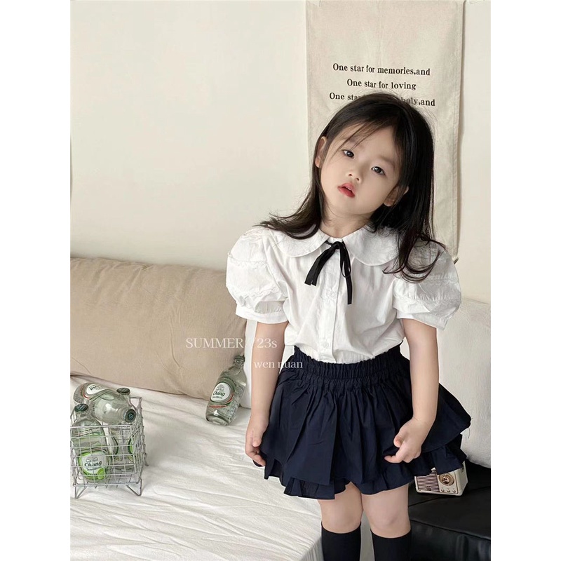 Áo Sơ Mi Tay Ngắn Cổ Peter Pan Thắt Nơ Phong Cách Preppy Mùa Hè Mới 2023 Cho Bé Gái