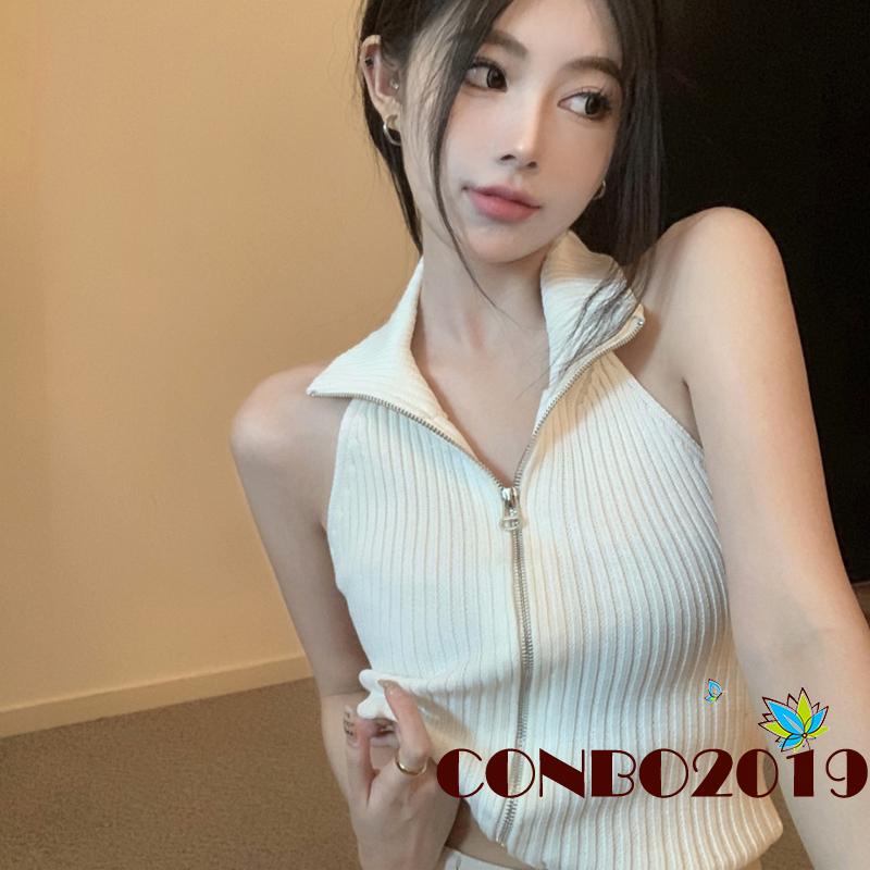 Áo Crop Top Dệt Kim Màu Sắc Đơn Giản Phối Khóa Kéo Thời Trang Mùa Hè Cho Nữ