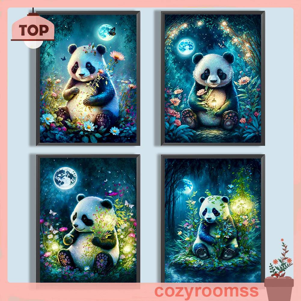 Tranh Đính Đá Kim Cương Toàn Bộ 5D DIY Hình Vẽ Gấu Trúc Ánh Trăng