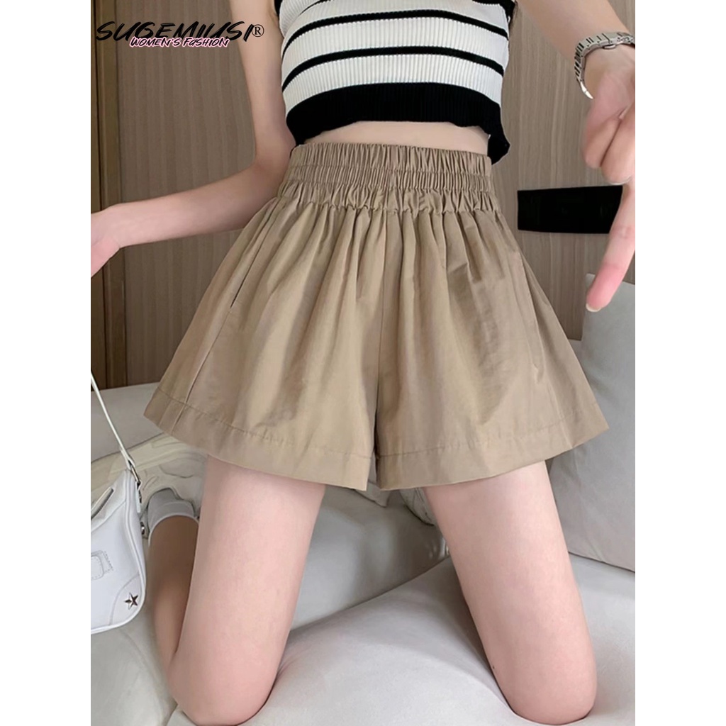 Quần Short Vải Cotton Mỏng Lưng Thun Cao Ống Rộng Thoải Mái Cho Nữ