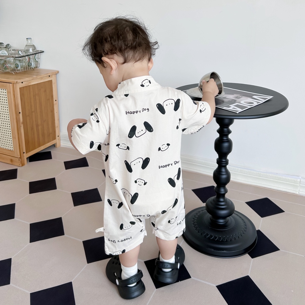 Áo Liền Quần Tay Ngắn In Hình Chú Chó Hoạt Hình Đáng Yêu Thời Trang Hè Phong Cách Hàn Quốc Cho Bé Từ 0-24 Tháng