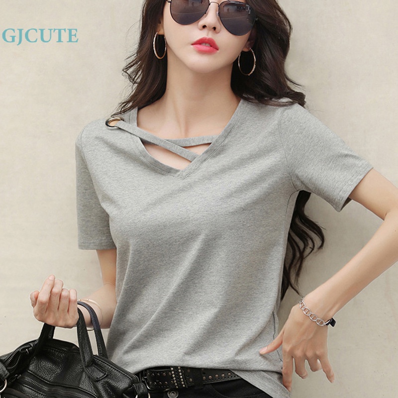 Áo Thun Ngắn Tay Cổ Chữ V Dáng Rộng Màu Trơn Thời Trang Mùa Hè Giản Dị Dành Cho Nữ