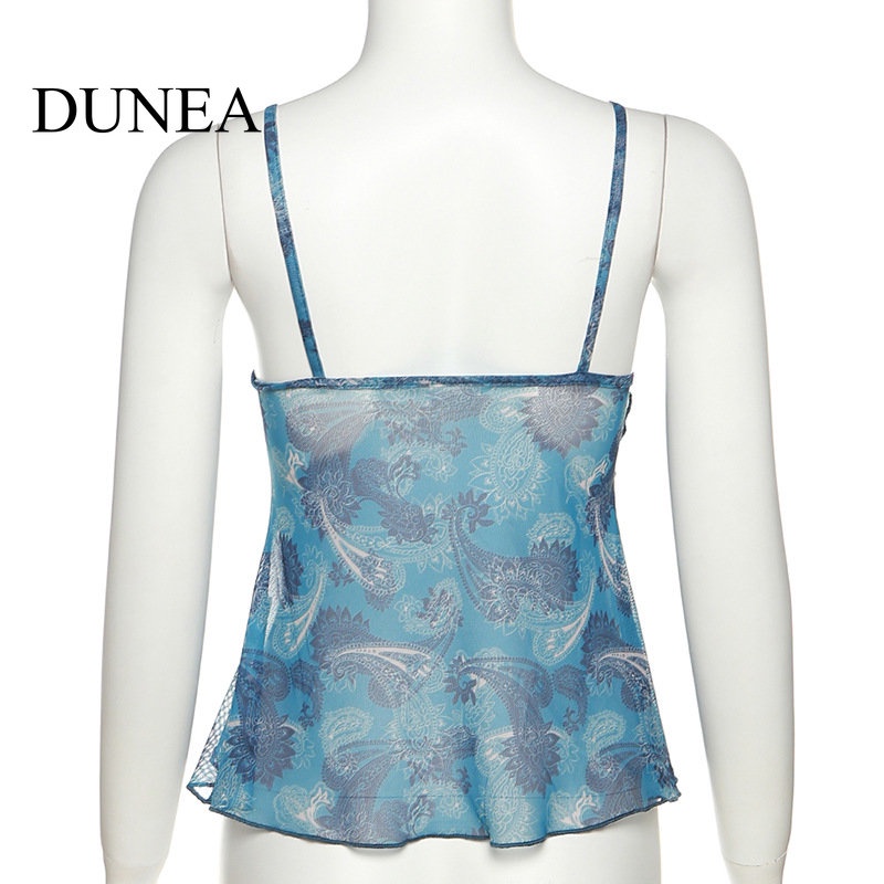 DUNEA Áo Croptop Lưới Cổ Chữ V In Họa Tiết Thời Trang Mùa Hè Cho Nữ