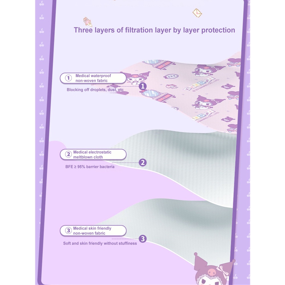 30 cái/hộp Khẩu trang 3d 3ply cho bé gái Khẩu trang trẻ em từ 0-14 tuổi Khẩu trang dùng một lần Đóng gói độc lập Mặt nạ hoạt hình Sanrio Kuromi Cinnamoroll