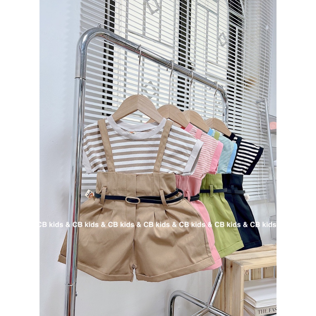 SET YẾM ÁO THUN KẺ KÈM DÂY THẮT LƯNG BÉ GÁI SIZE 10-20KG(YDAY)