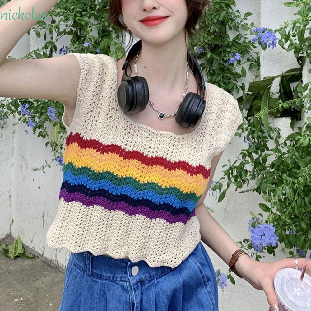 NICKOLAS Áo Croptop Dệt Kim Cổ Vuông Màu Sắc Cầu Vồng Ngọt Ngào Thời Trang Đường Phố Cho Nữ y2k