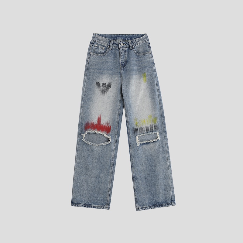 Insstudios Quần Jean Ống Rộng Thẳng Sơn Màu Vẽ Tay Phong Cách Đường Phố Mỹ Cho Cặp Đôi