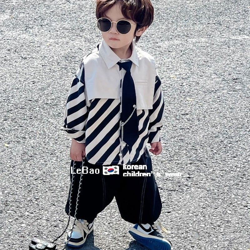 Bộ Áo Sơ Mi Kẻ Sọc Trắng Đen + Quần Dài Phong Cách Đường Phố Thời Trang Mùa Xuân Cho Bé Trai