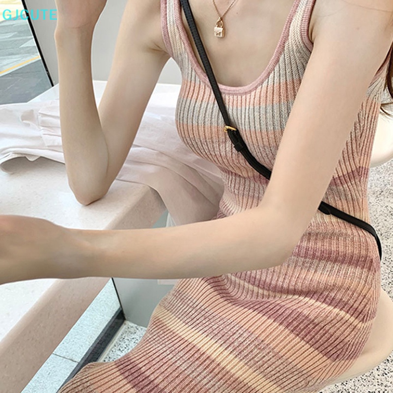 Mfc Đầm Mini Ôm Dáng Không Tay Dệt Kim Co Giãn Họa Tiết Kẻ Sọc Màu Hồng Thời Trang Mùa Hè Cho Nữ WTD
