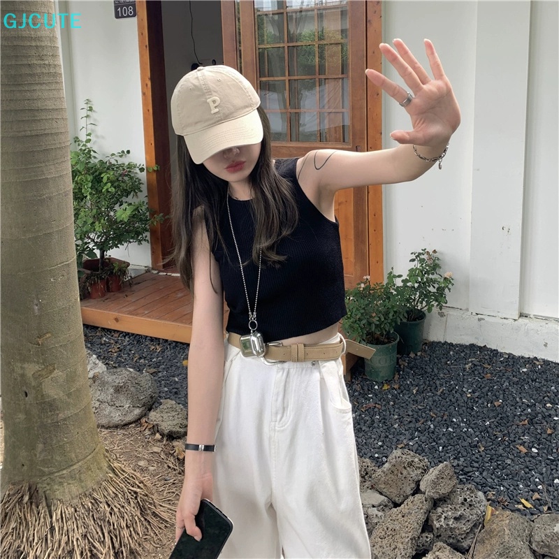 Áo Dệt Kim Sát Nách Cổ Tròn Màu Trơn Thời Trang Mùa Hè Cho Nữ