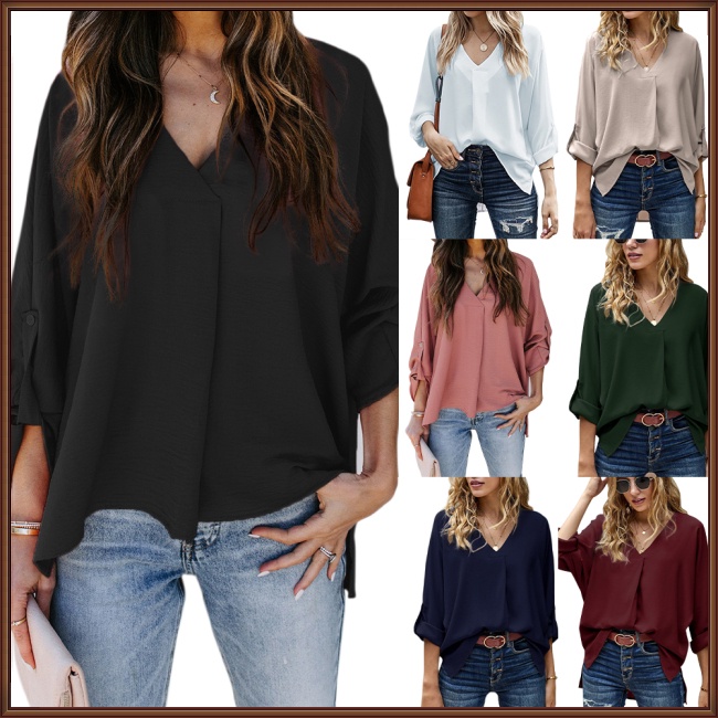 Áo Sơ Mi Tay Dài Cổ Chữ V Màu Sắc Thời Trang Dành Cho Nữ