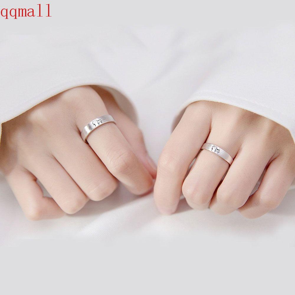 QQMALL Bộ Nhẫn Bạc Hình Mèo Dễ Thương Có Thể Điều Chỉnh Thời Trang Cho Cặp Đôi