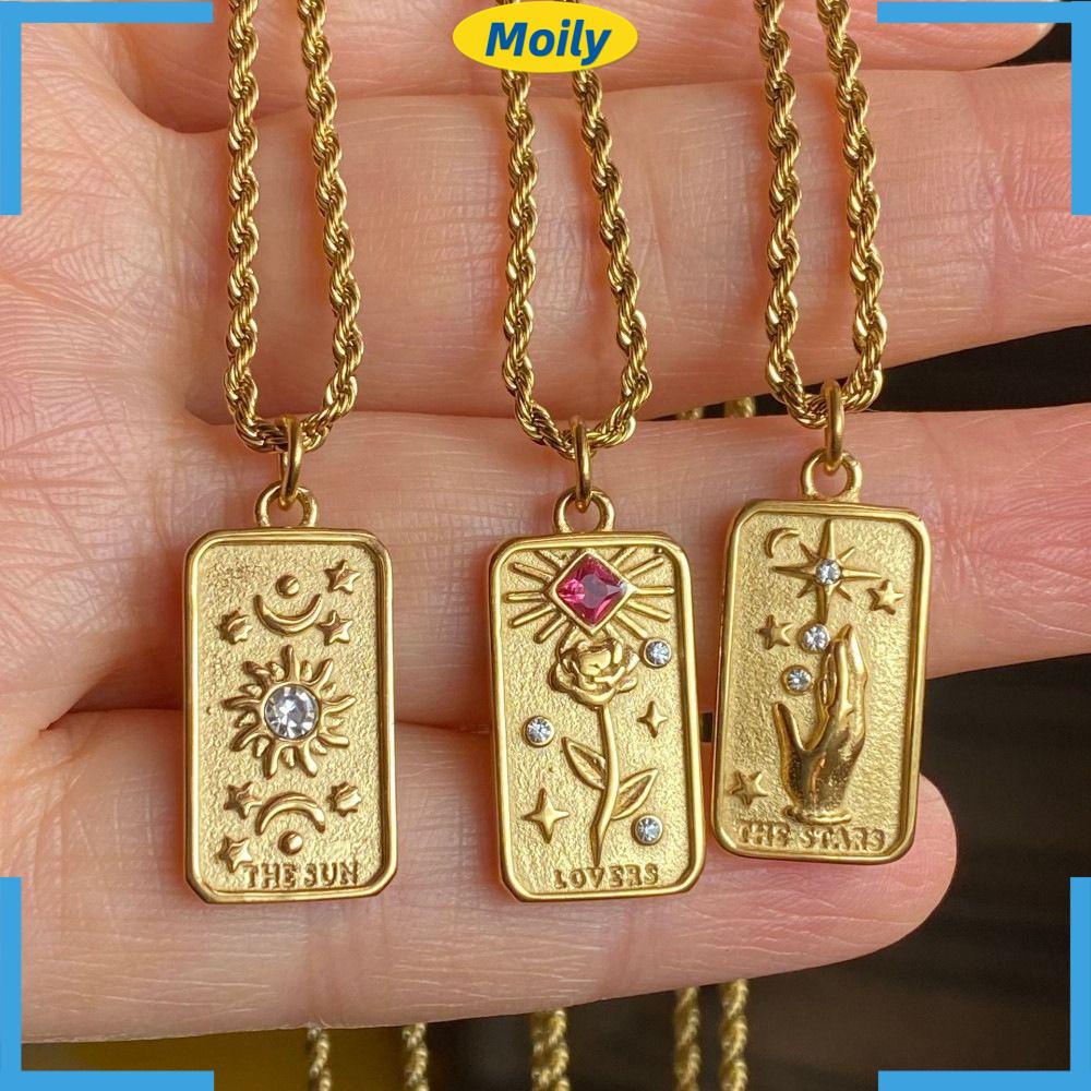 MOILYVN Vòng cổ Bài Tarot Vàng Mặt Trời Mặt Trăng Ngôi Sao Bằng Thép Không Gỉ Thiết Kế May Mắn Cho Nữ