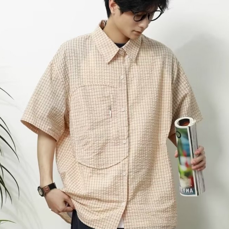 Áo Sơ Mi Tay Ngắn Dáng Rộng Họa Tiết Sọc Caro Thời Trang Phong Cách Nhật Bản Cho Nam