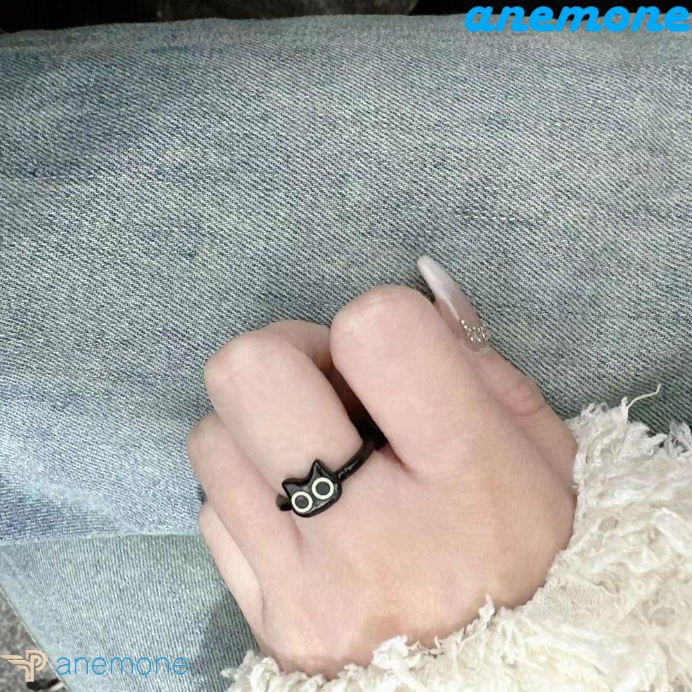 ANEMONE Nhẫn Hở Hình Mèo Đen / Thỏ Dễ Điều Chỉnh Phong Cách Hàn Quốc Cho Cặp Đôi