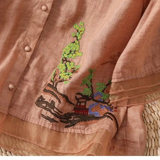 Áo Sơ Mi Cotton Lanh Cao Cấp Cổ Chữ V Thêu Họa Tiết Thời Trang Xuân Hè Cho Nữ