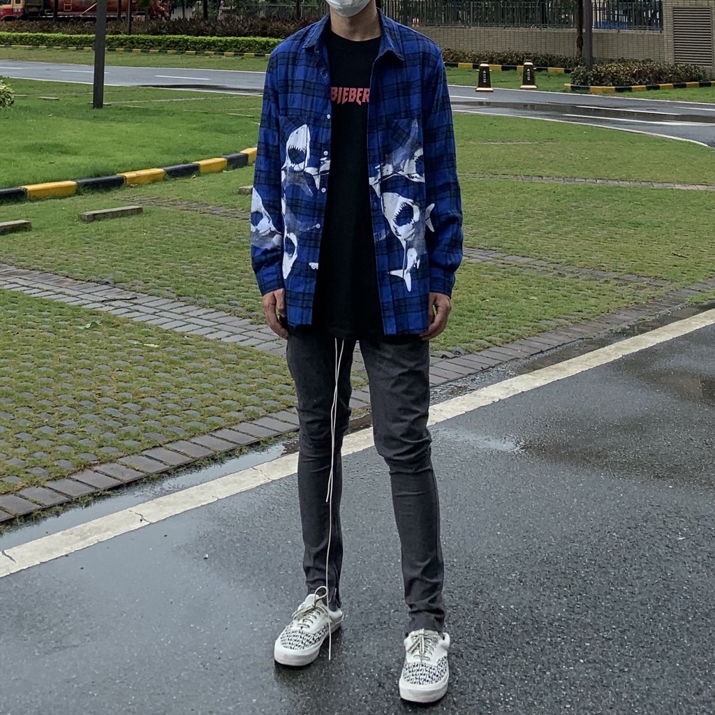 Áo Khoác Sơ Mi Dáng Rộng Họa Tiết Cá Mập Xanh Dương Phong Cách Retro Đường Phố Hàn Quốc Thời Trang Mùa Hè Dành Cho