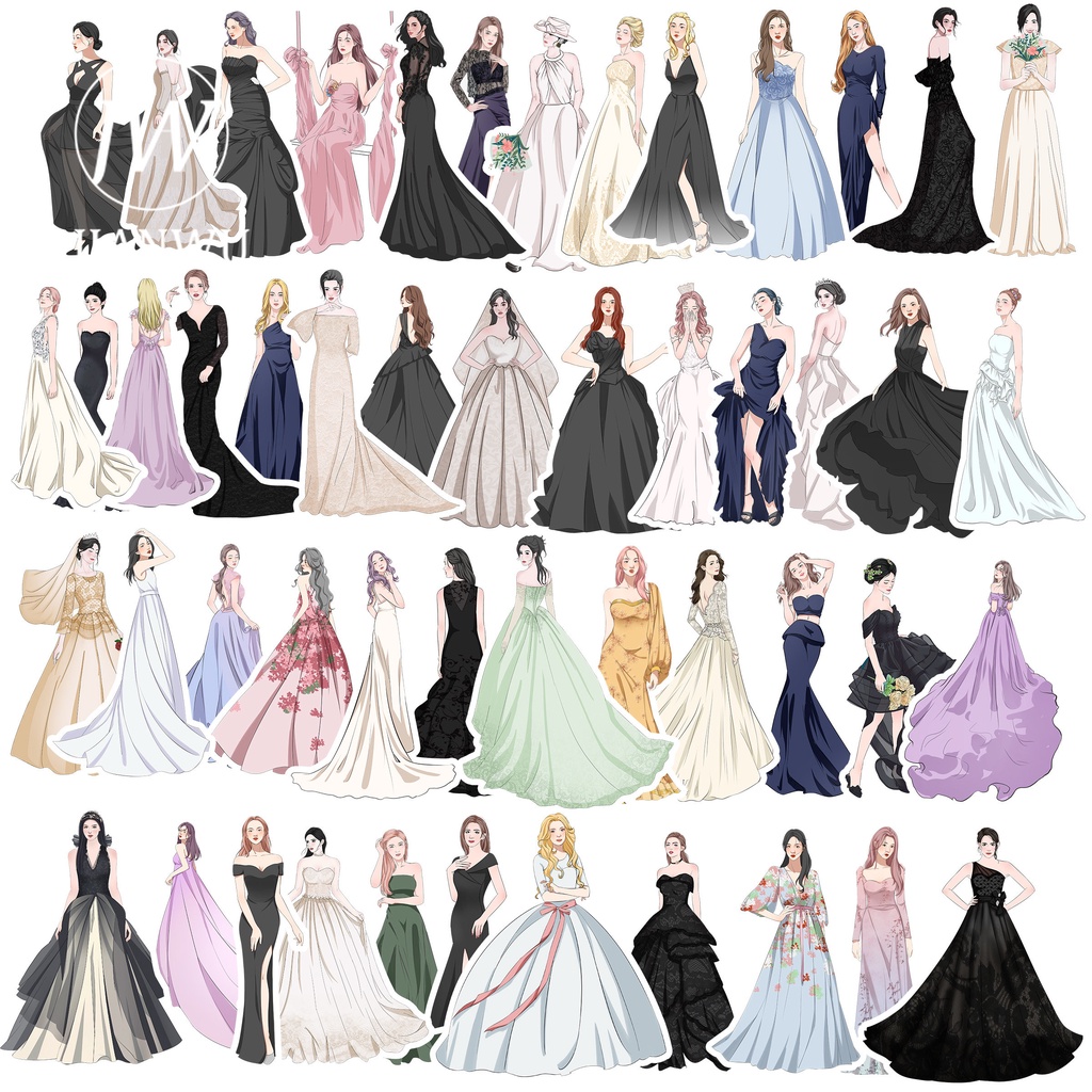 Bộ 50 Tờ Nhãn Dán Hình Cô Gái Mặc Đầm Cưới Kiểu Vintage Sáng Tạo DIY