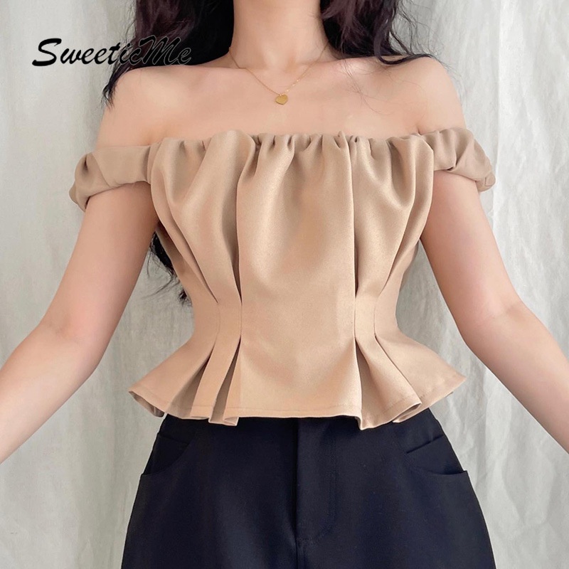 Áo Thun Màu Trơn Dáng Ôm Hở Vai Thời Trang Mới 2023 Dành Cho Bạn Nữ