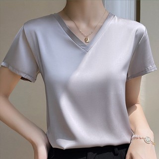Áo Thun Nữ Ngắn Tay Cổ Chữ V Vải Lụa Satin Phong Cách Mới