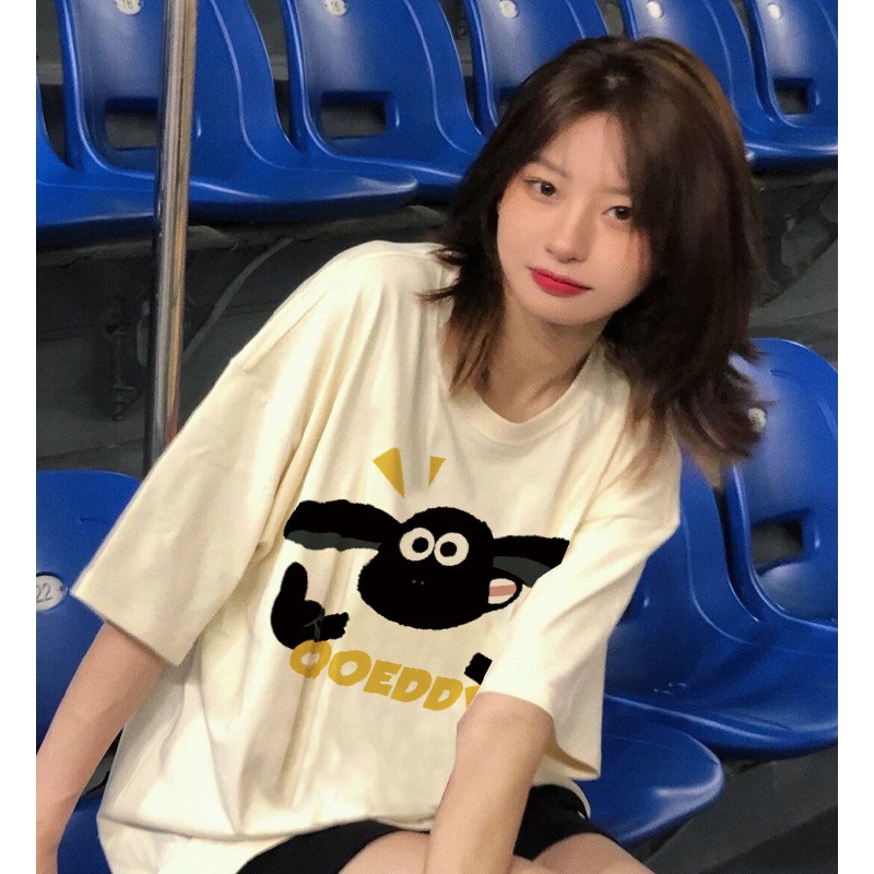 Áo Thun Cotton Tay Ngắn Dáng Rộng In Hình Cừu Hoạt Hình Trước Và Sau Cho Nữ