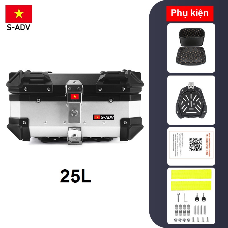 Thùng nhôm xe máy 25L S-ADV thùng nhôm lùn 2 khoá cao cấp SADV aluminum top box.