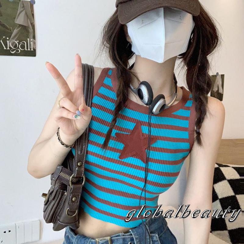 Áo Tank Top Không Tay Cổ Tròn Họa Tiết Kẻ Sọc Ngôi Sao Thời Trang Mùa Hè Cho Nữ