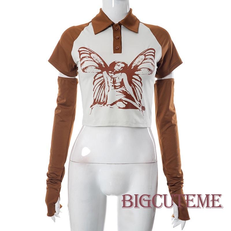 Áo Thun Crop Top Tay Ngắn 1 / 2 Nút Họa Tiết Yêu Tinh Cơ Bản Dành Cho Nữ Đi Tiệc Đường Phố