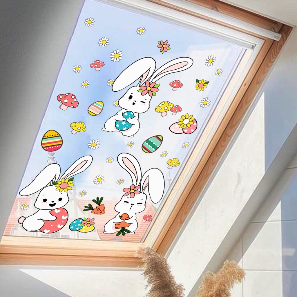 Set 2 Miếng Dán Tường / Cửa Sổ Hai Mặt Họa Tiết Thỏ Phục Sinh Nhiều Màu Sắc Có Thể Nhìn Thấy