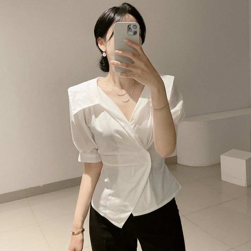 Áo Sơ Mi Tay Phồng Màu Sắc Trơn Thiết Kế Bất Đối Xứng Phong Cách Pháp Thời Trang Cho Nữ