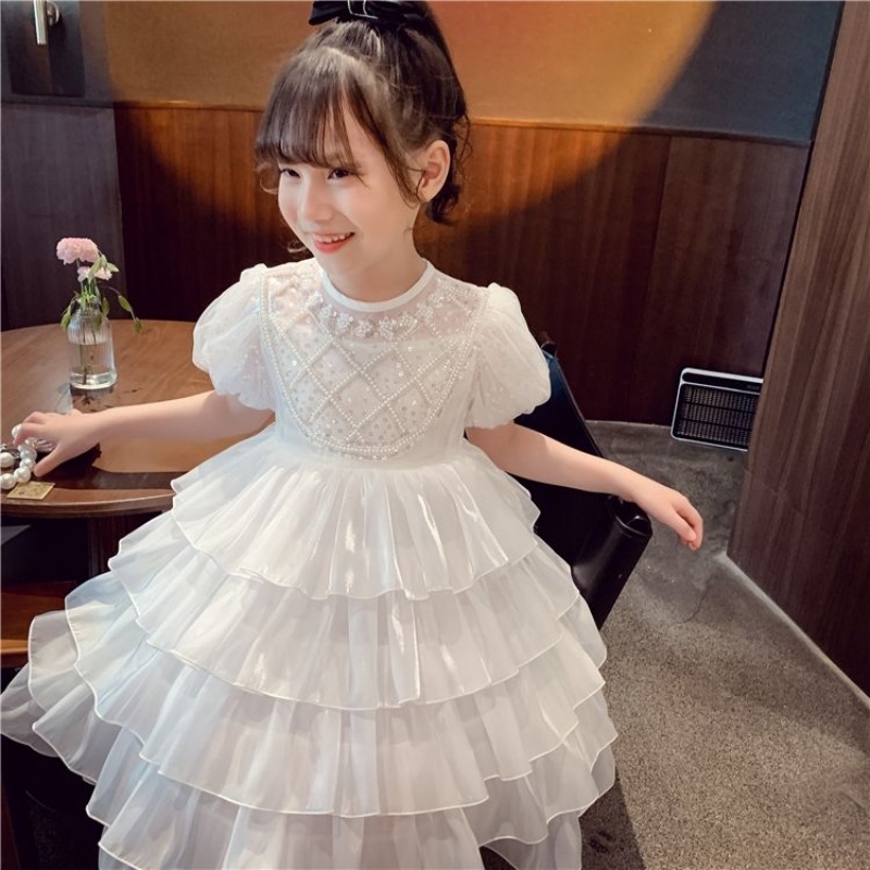 Đầm Công Chúa Tay Phồng Phối Lưới Màu Trắng Xinh Xắn Cho Bé Gái