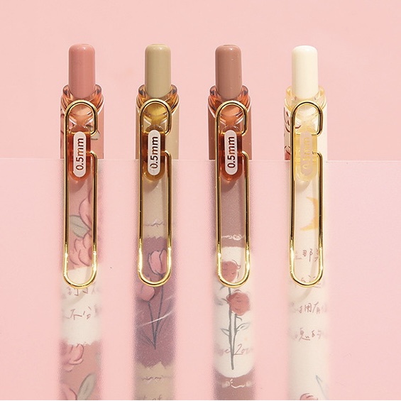 Bút Gel Đen Bấm MURA Ngòi Kim 0.5 mm; có Thanh Cài Rose Love