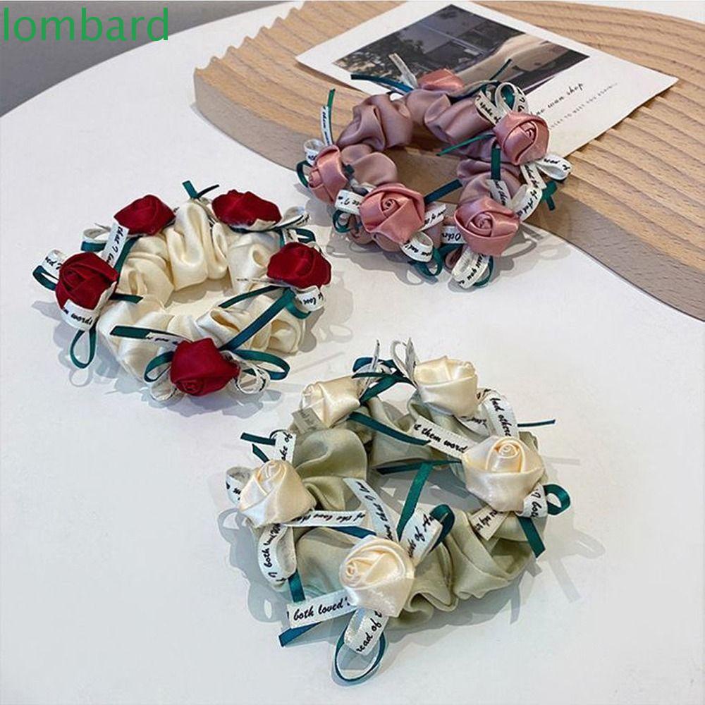 LOMBARD Dây Buộc Tóc Cao Su Co Giãn Đính Hoa Hồng Và Chữ Phong Cách Hàn Quốc Ngọt Ngào Cho Nữ