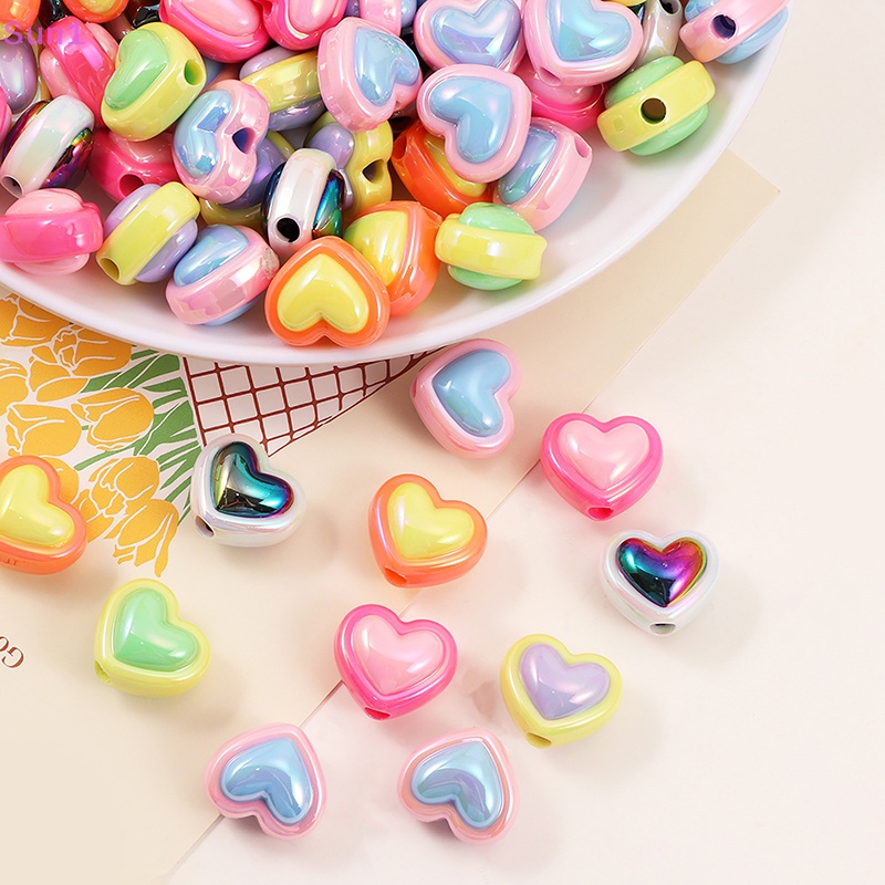 Set 10 Hạt Xỏ Lỗ Hình Trái Tim Nhiều Màu Sắc Bằng Acrylic Dùng Để Làm Trang Sức / Điện Thoại / Vòng Tay Diy