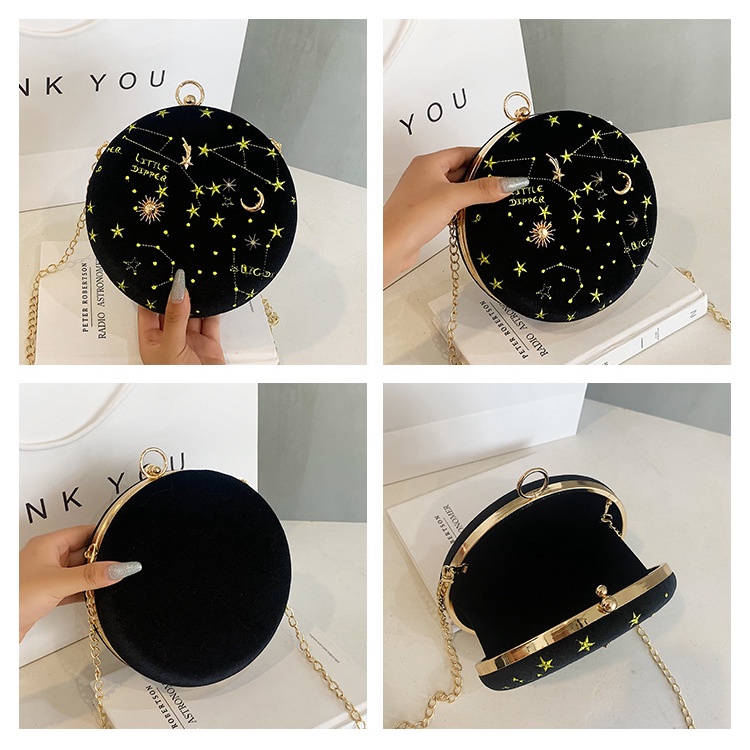 Túi Đeo Chéo Vải Nhung Hình Tròn Nhỏ Nhắn Phối Dây Đeo Sợi Xích Thời Trang Mới Cho Nữ