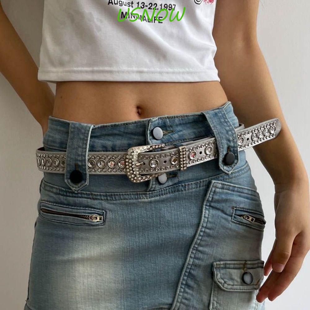 USNOW Thắt Lưng Da PU Khóa Kim Loại Màu Bạc Thời Trang Cho Nam Và Nữ