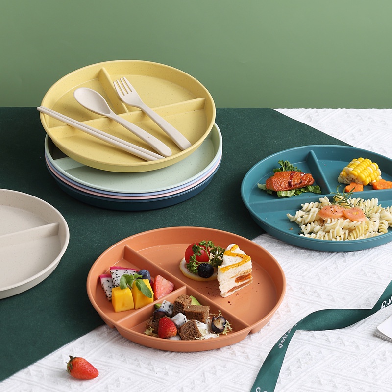 Đĩa Tròn Chia 3 Ngăn Bằng Nhựa Rơm Lúa Mì An Toàn Không BPA Nhiều Màu Có Thể Tái Sử Dụng Cho Trẻ Em / Người Lớn