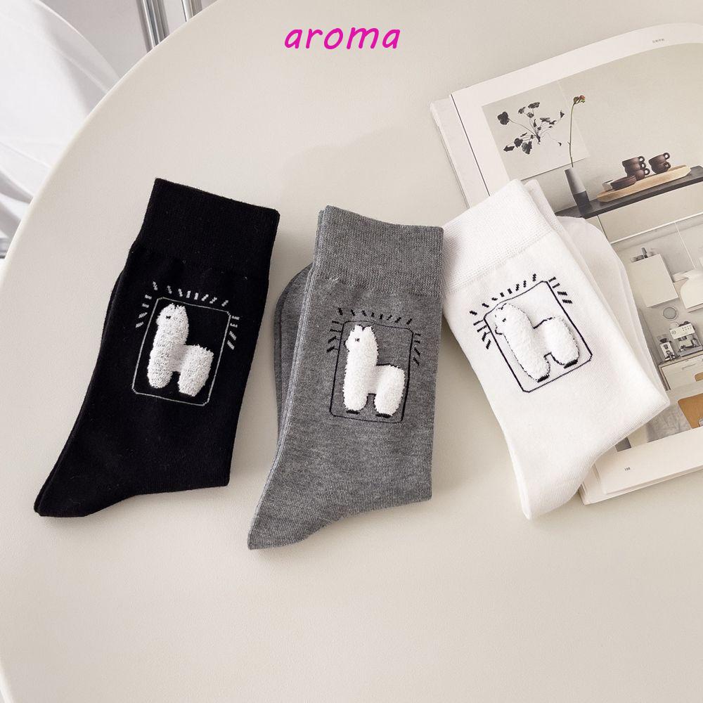 AROMA Vớ Cotton Cổ Vừa Thoáng Khí In Họa Tiết Hoạt Hình Alpaca Phong Cách Harajuku Dễ Thương Thời Trang Unisex