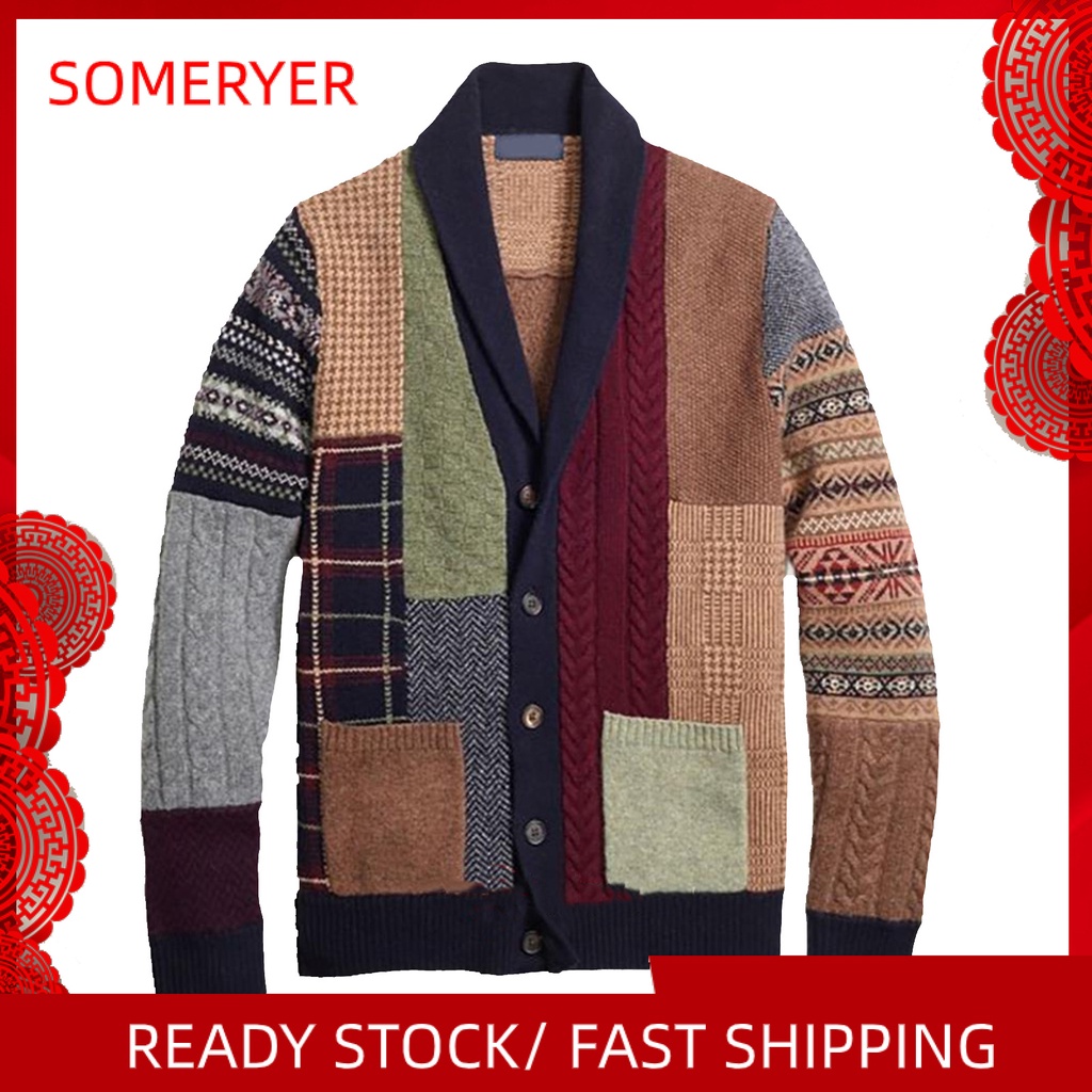 Áo Khoác Cardigan Dài Tay Phối Nút Họa Tiết Dân Tộc Hợp Mùa Thu Đông Cho Nam