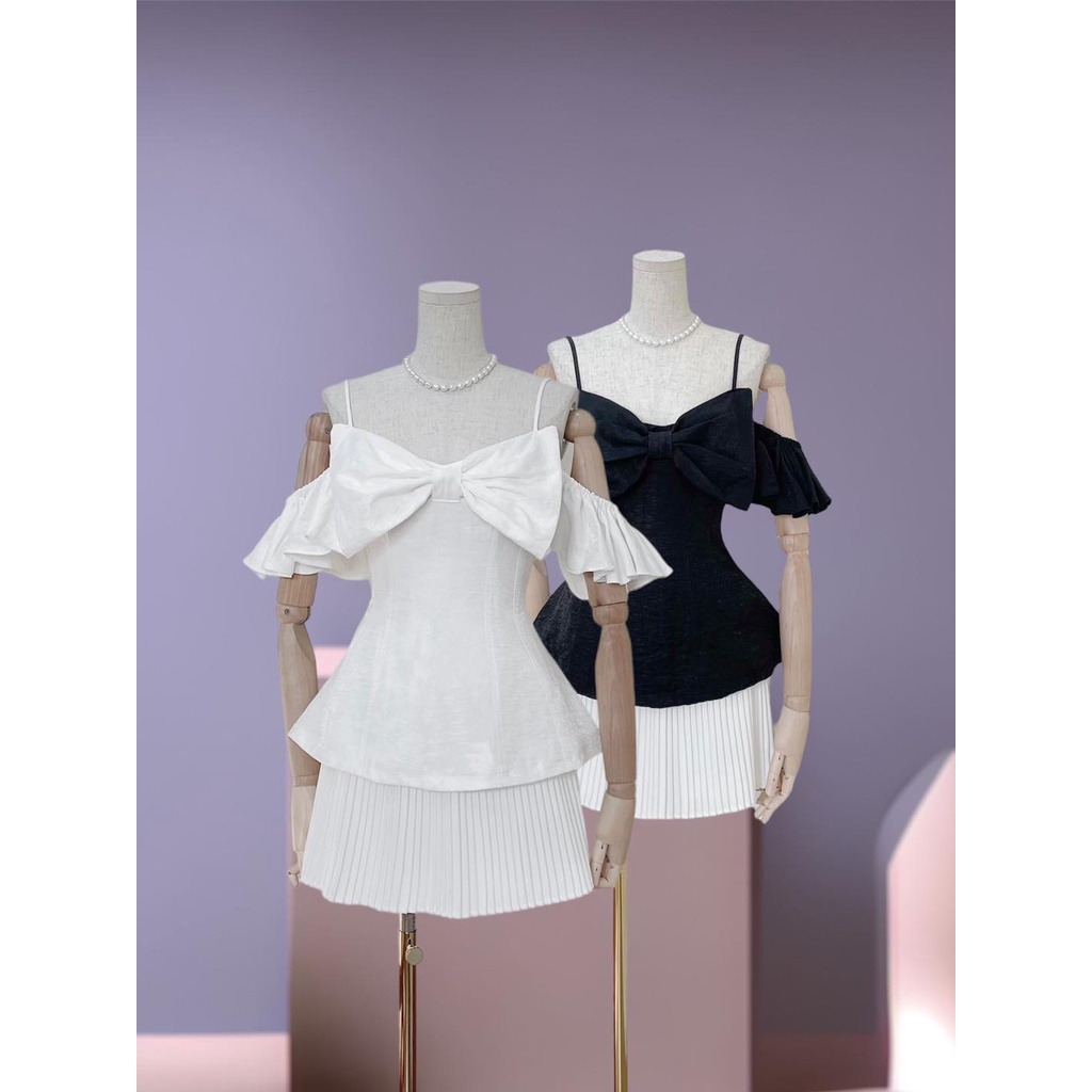 Áo peplum 2 dây nơ to tay rớt vải gân xượt siêu đẹp