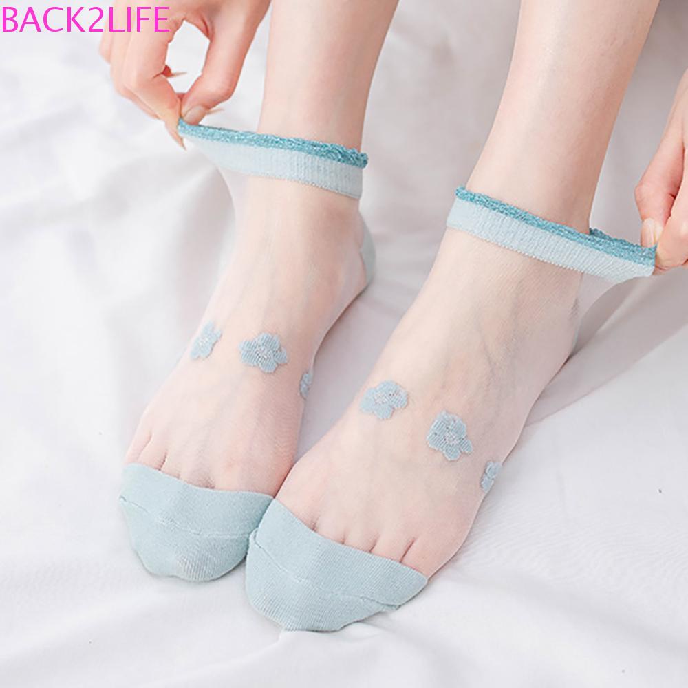 BACK2LIFE Vớ Lụa Mỏng Trong Suốt Phối Ren Họa Tiết Hoa Cúc Xinh Xắn Cho Nữ