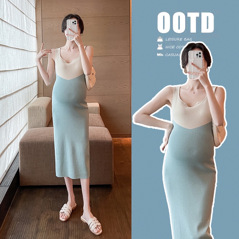 Đầm Dệt Kim Co Giãn Màu Sắc Thời Trang Mùa Hè Dành Cho Mẹ Bầu