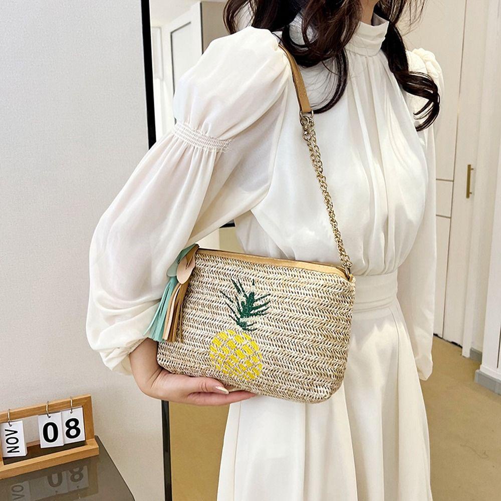 LOMBARD Túi cói Bằng Rơm Đan Hình Trái Cây Phối Dây Xích Bằng Da Thanh Lịch Cho Mua Sắm