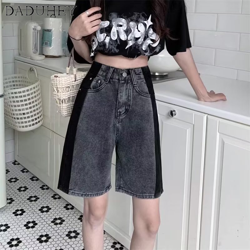 DaDuHey New Korean Version of INS Thin Section Stitching Denim Shorts Niche High Waist Wide Leg Pants Hot Pants